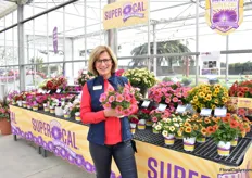 Gill Corless of Sakata presenting the SuperCal Permium Sunray Pink. In Europe, the SuperCal premiums are named Beautical. “When it comes to garden performance, SuperCal and new the SuperCal Premium (Beautical in Europe) are uniquely superior to all other petunias. Part petunia, part calibrachoa, they are all-weather performers that can stand up to cold and heat. Plus, they can withstand heavy rains and bounce right back with little to do damage.”